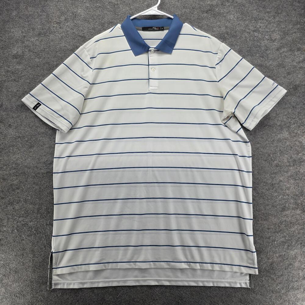 RLX Ralph Lauren Shirt Mens XL White Blue Stripe Loch Lloyd Golf Polo